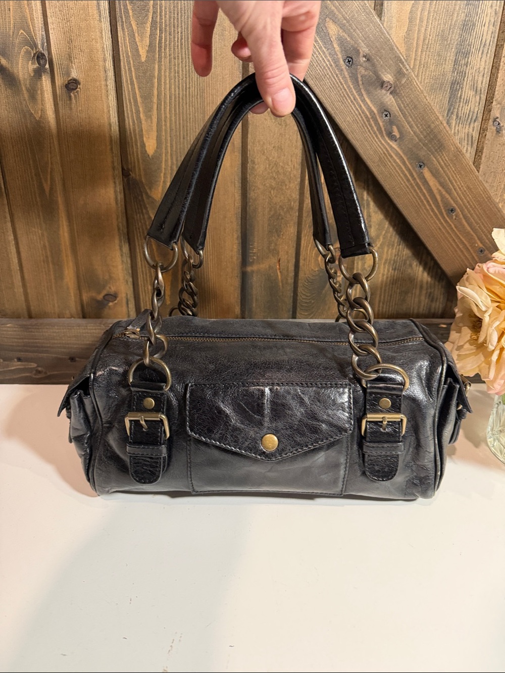 Cynthia Rowley Black Leather Barrel Satchel with Chain Handles